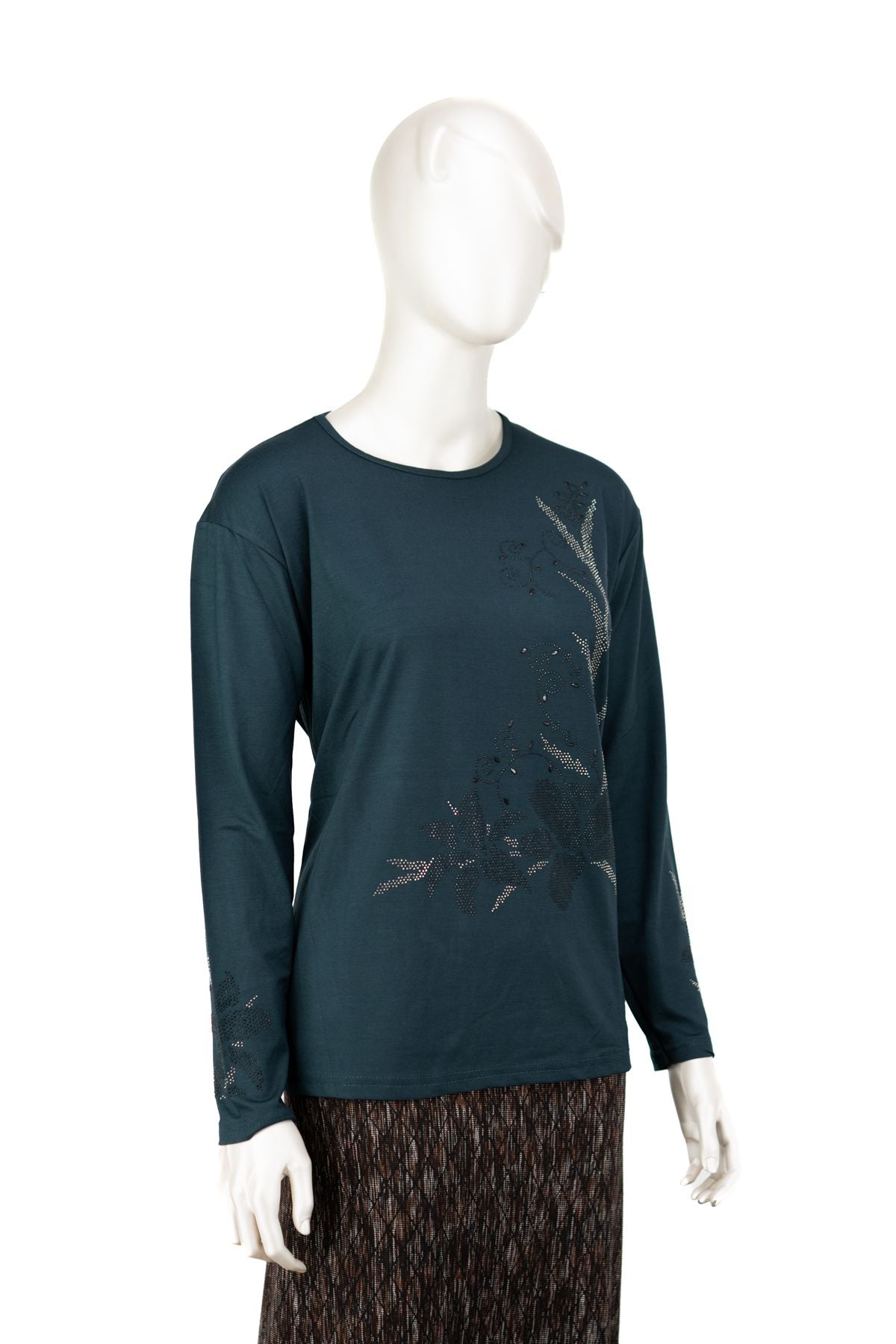 Kadın Turlu Viskon Penye Kumaş Anne Bluz Şık Çiçek Taşlı Yuvarlak Yaka Tam Kalıp Likralı